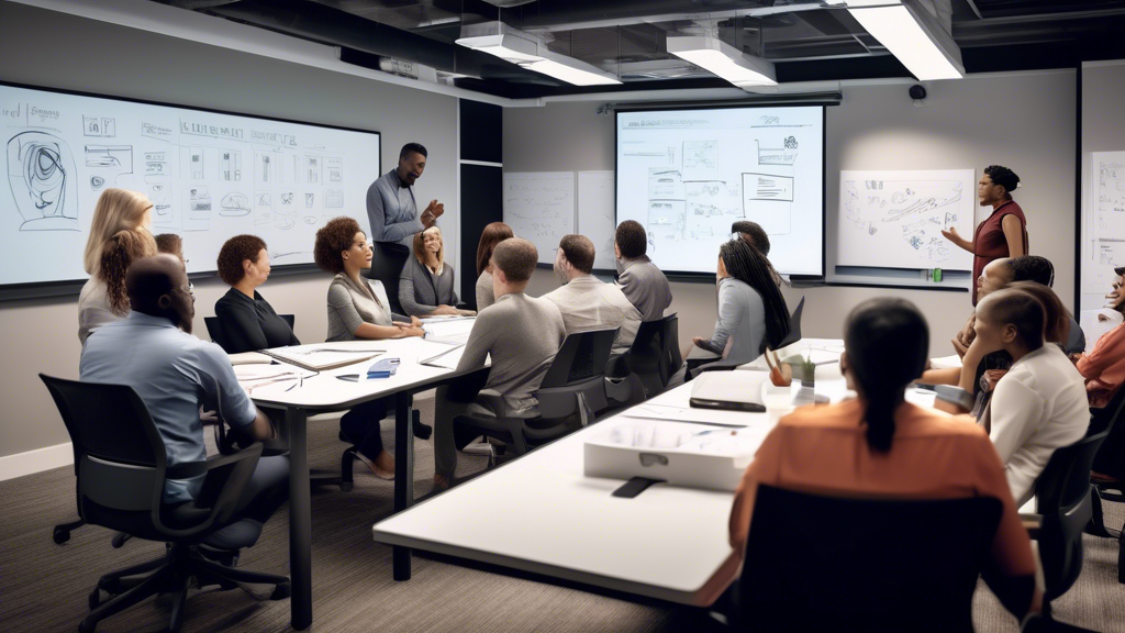 An image of a diverse group of employees in a modern office setting, attentively participating in a collaborative training session. There are visual elemen