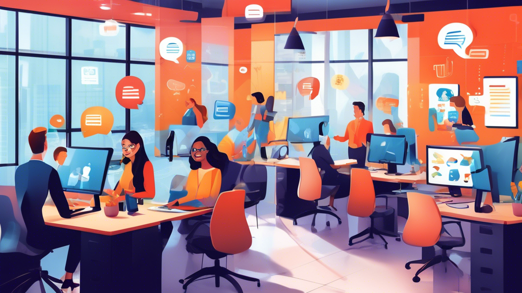 A vibrant and modern office environment where a diverse team of customer service representatives is actively engaging with clients through various channels
