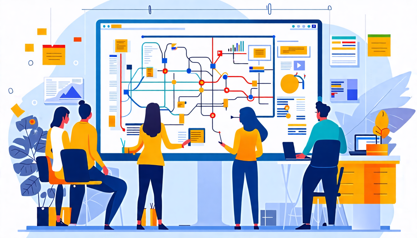 Create an image of a modern office environment with a diverse team of professionals collaborating on a project. Include elements like a whiteboard with min