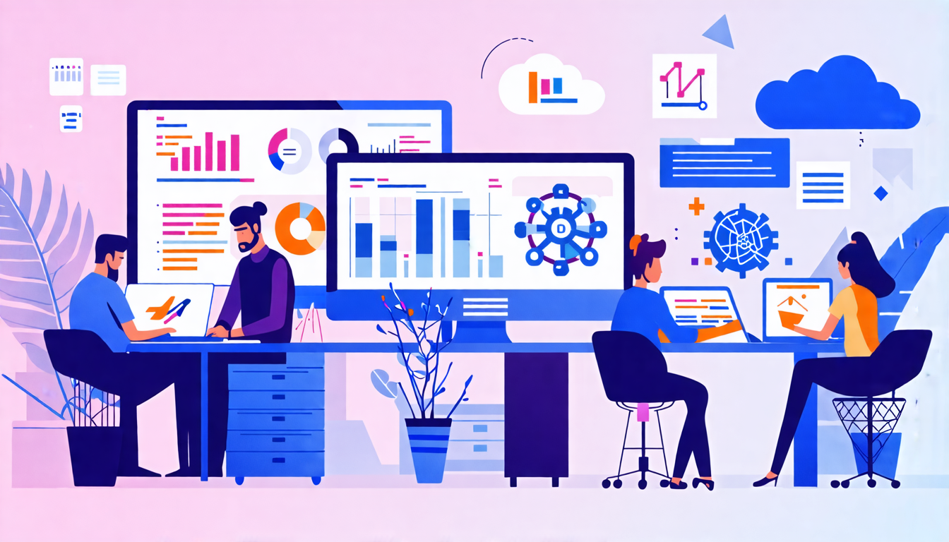 A modern office scene with diverse professionals working on various digital devices, showcasing collaboration and innovation. Include visual elements like