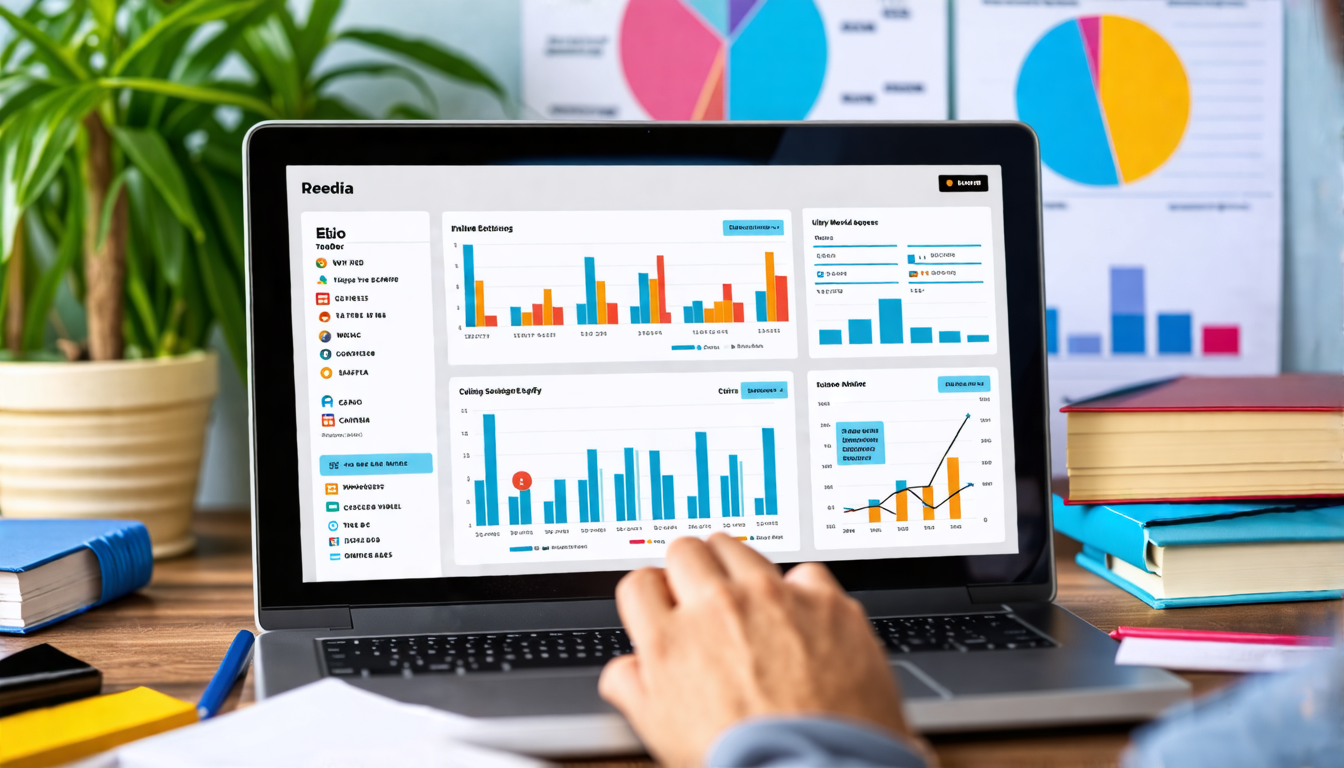 A professional workspace with a laptop open to a social media dashboard, showing various metrics and positive feedback. A person is attentively monitoring