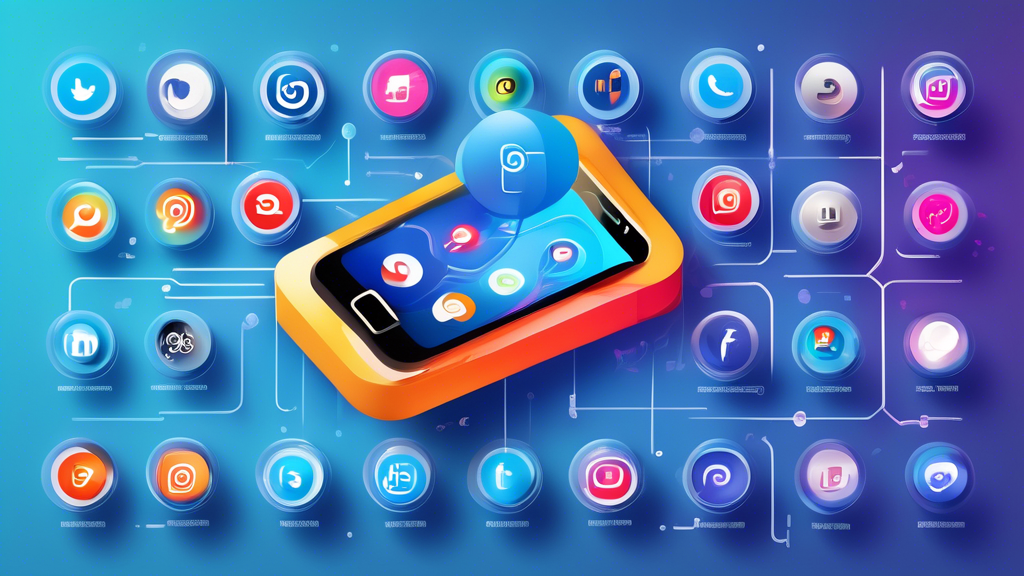 A vibrant, eye-catching infographic featuring a sleek smartphone and various social media platform icons like Facebook, Instagram, Twitter, LinkedIn, and P