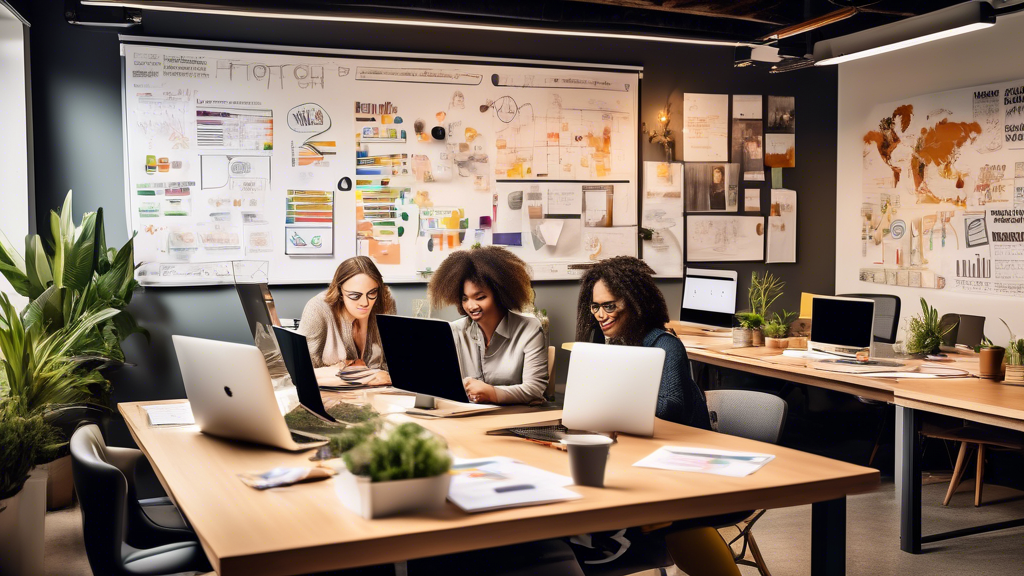 A dynamic, modern workspace with a diverse team collaborating and brainstorming around a large table filled with digital devices, notebooks, and flowcharts