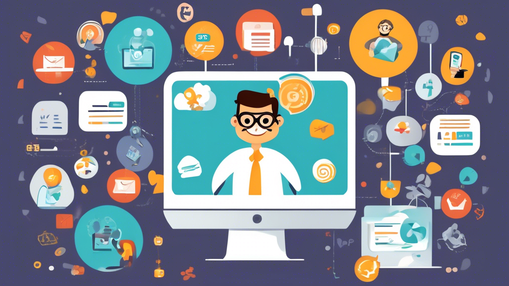 Illustration showing the advantages of using Mailchimp for email marketing campaigns. The image includes a business professional using a computer with the