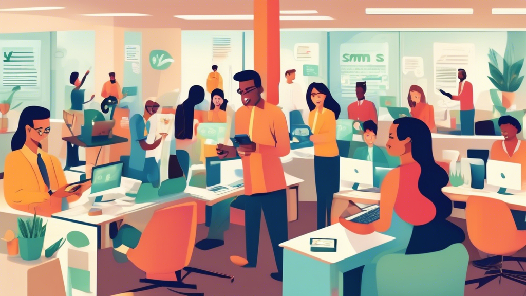 An image showing a lively business office where employees are engaging in two-way SMS communication on their smartphones and computers. The scene should em