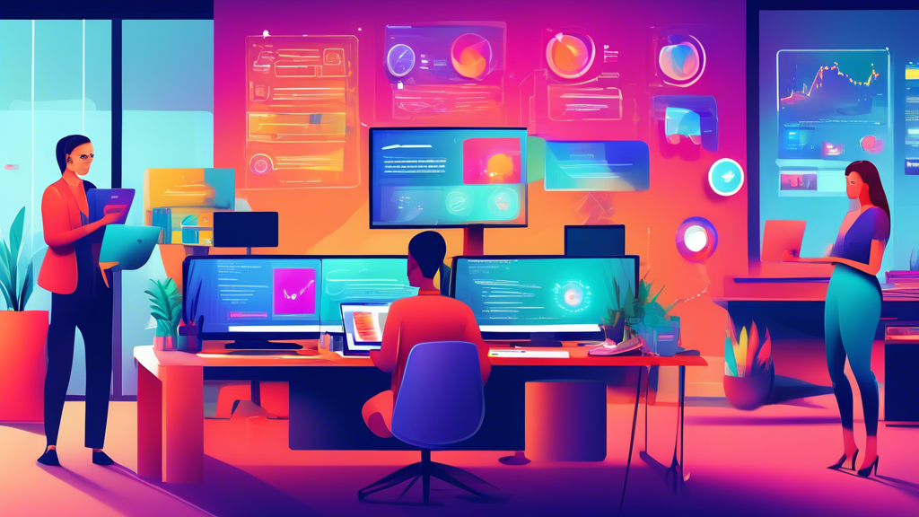 A modern office workspace with a team of professionals analyzing various customer experience tools on their computer screens, featuring a diverse range of