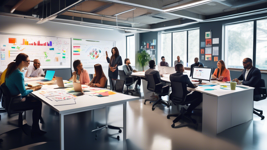 A sleek, modern office environment with a diverse group of small business owners collaborating around a large table. They are engaged in discussions, and a