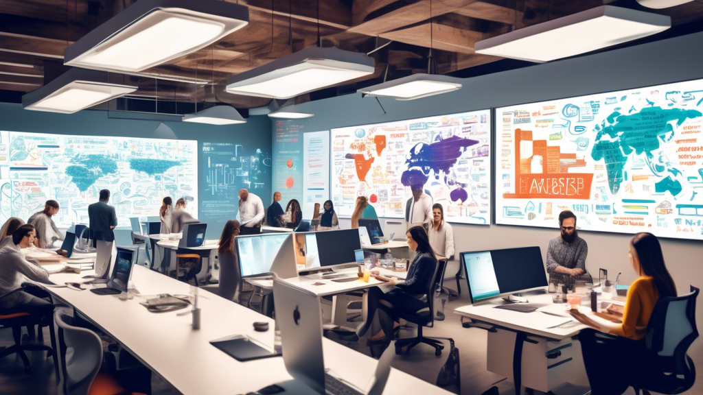 A modern workspace filled with people collaborating at desks and on whiteboards, with a strong emphasis on keyword brainstorming and analysis. There are di