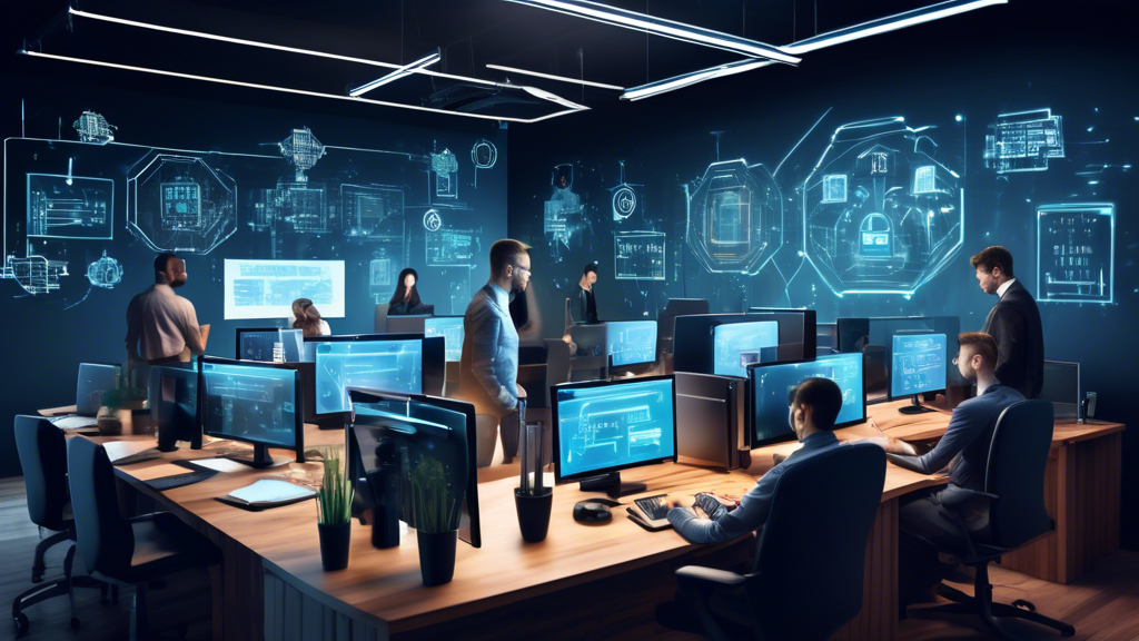 A small business office with employees working on computers, surrounded by modern cybersecurity elements such as secure locks, shields, and digital padlock