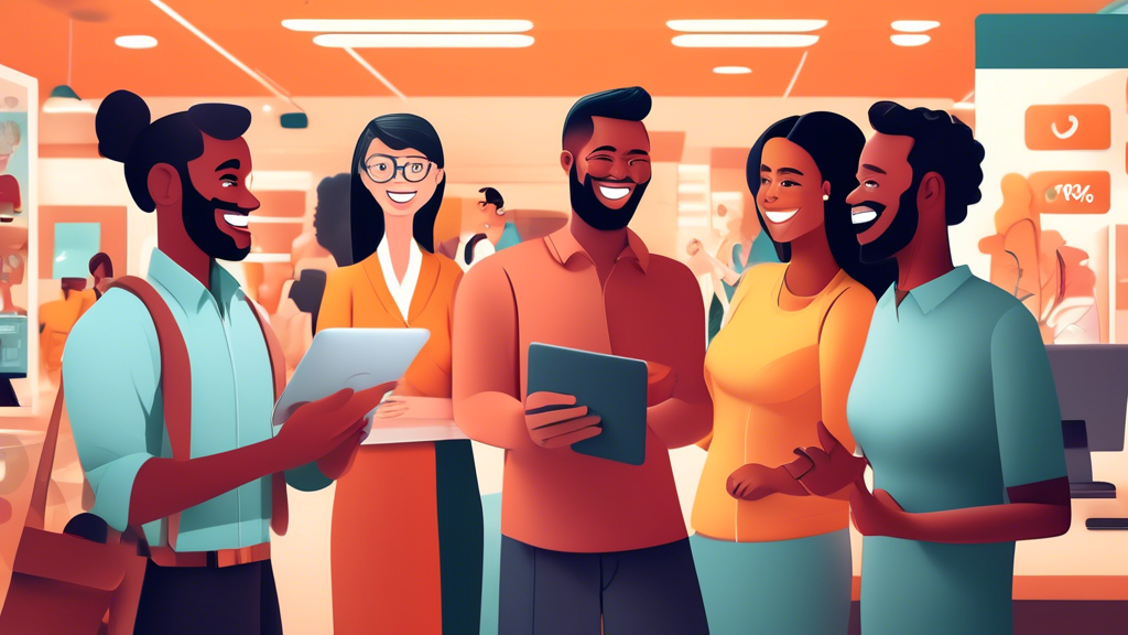 Create an image of a diverse group of happy customers interacting positively with a company's products and services. The scene should depict excellent cust