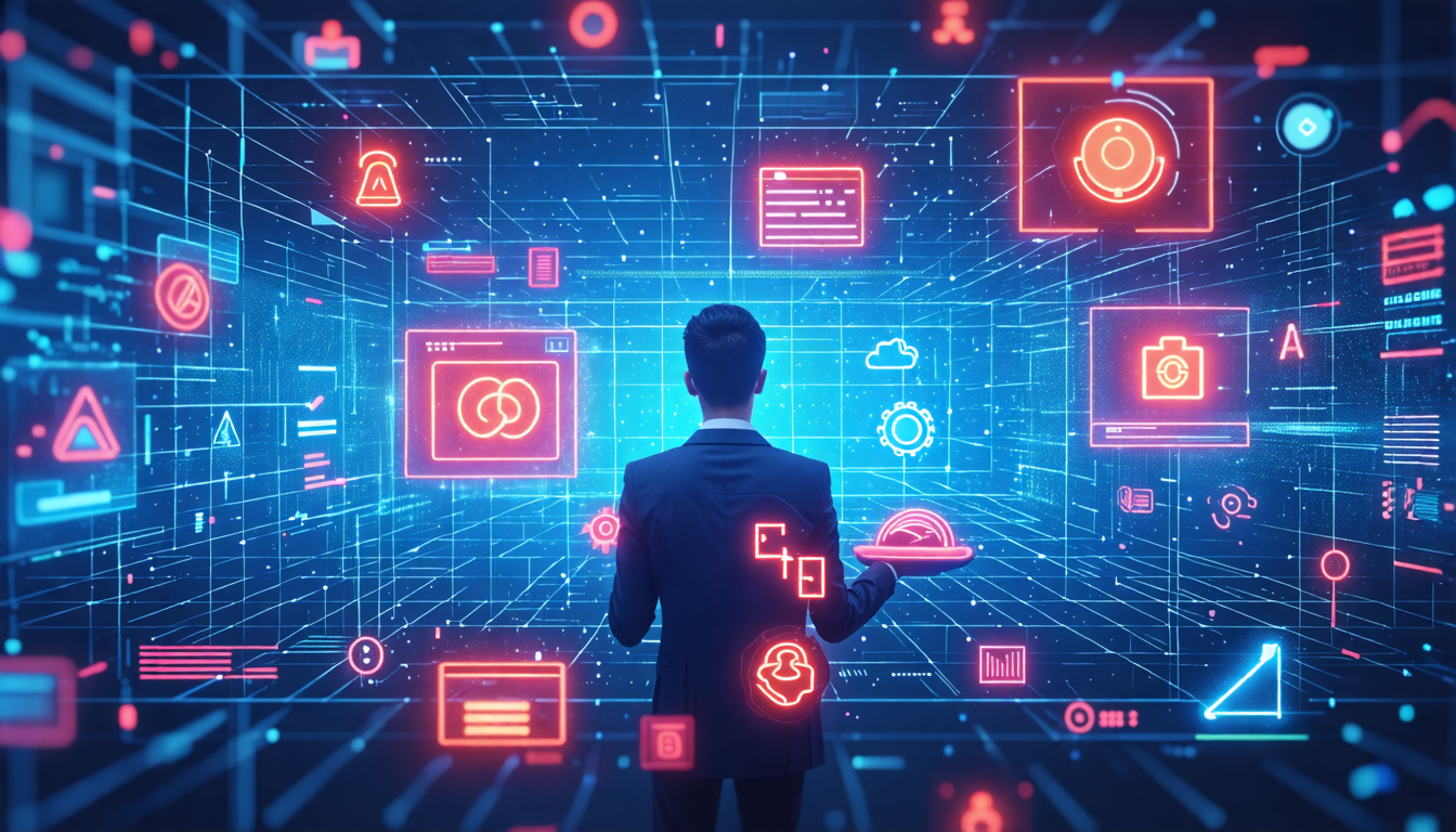 An image of a diverse set of futuristic, sleek software interfaces floating in a digital, holographic space. Each interface showcases various AI tools such