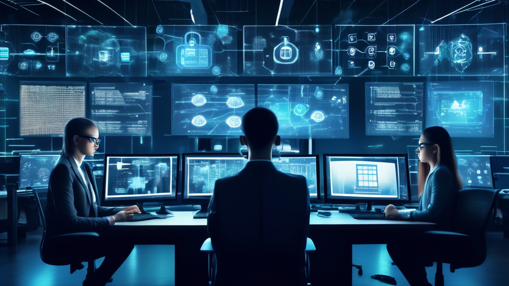 A high-tech office environment with multiple computer screens showing various cybersecurity software interfaces, digital locks, and encryption graphics. A
