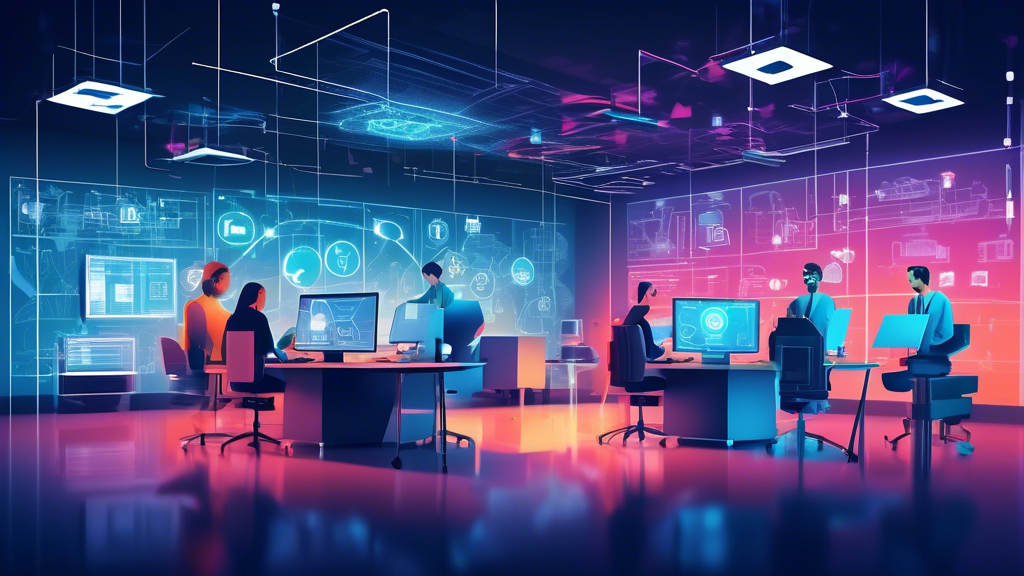A modern office environment with teams working collaboratively at desks and using computers and servers, a high-tech server room in the background, cyberse