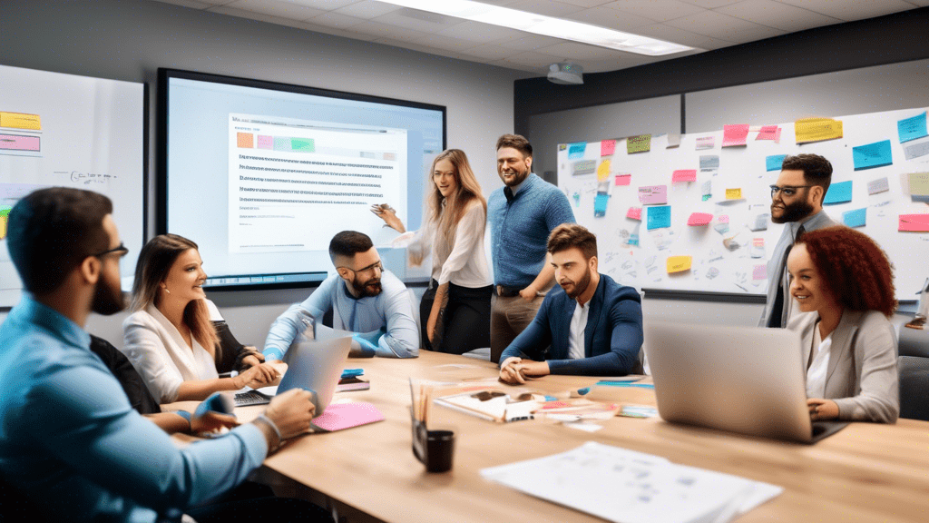 An office setting with a team of marketers strategizing over a computer. The screen shows an email client with multiple recipients in the BCC field. A whit