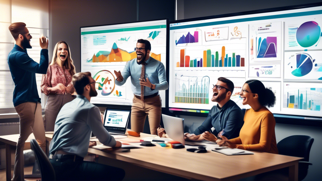 Create an image of a marketing team in a modern office, enthusiastically analyzing a large digital dashboard filled with vibrant charts, graphs, and statis