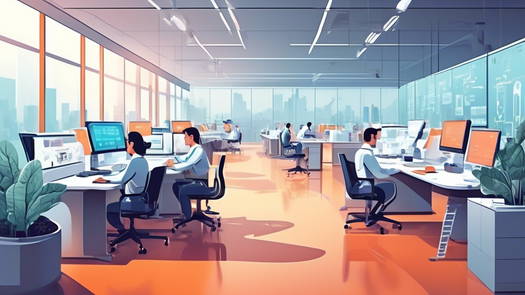Create an illustration of a modern office setting, where robots and AI-driven machines are seamlessly working alongside human employees. The office should