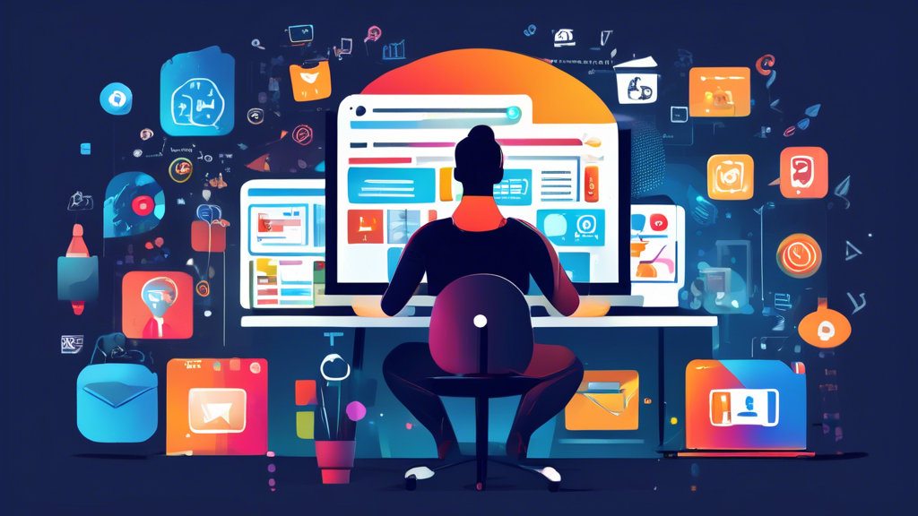 Create an image of a person sitting at a desk with a laptop and smartphone, surrounded by various icons representing different mobile marketing tools like