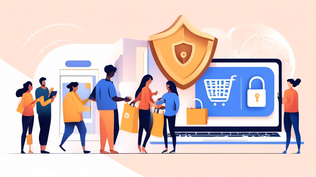 An image of a secure online shopping website, with a padlock icon prominently displayed on the screen. The background features a digital shield enveloping