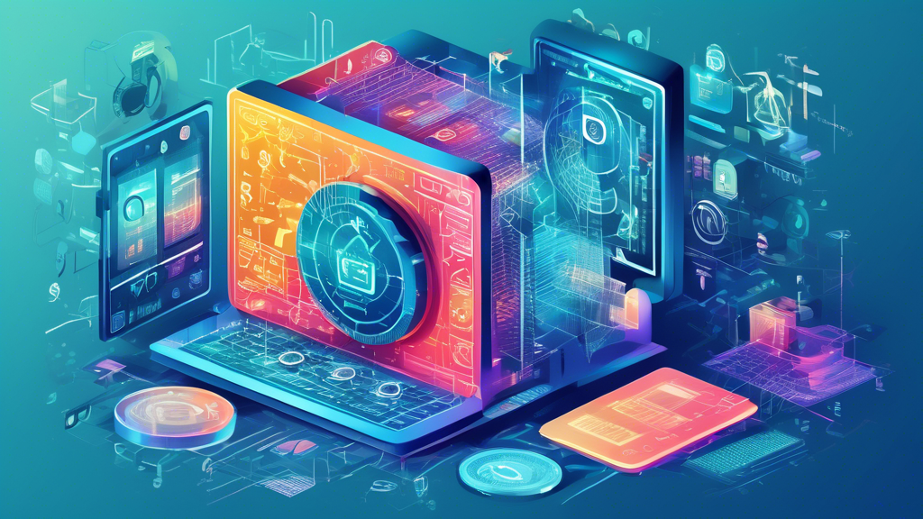 Create a detailed illustration of a high-security digital vault with layers of encryption, biometric scans, and two-factor authentication, surrounded by sy