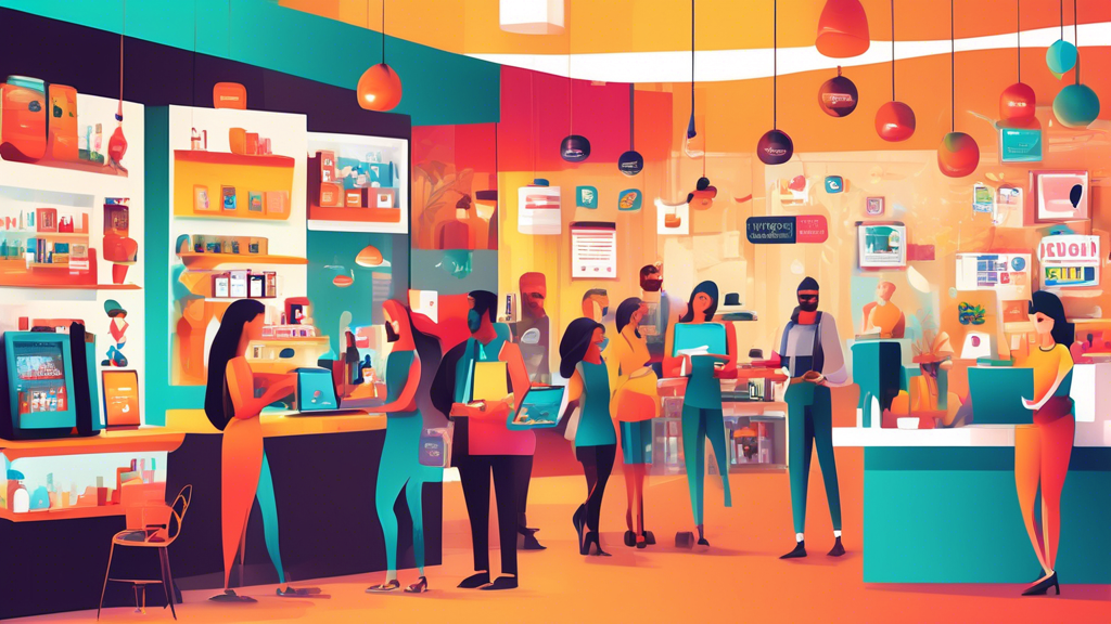 Create a vibrant and dynamic scene featuring various small businesses, such as a coffee shop, boutique, and tech store, bustling with diverse and happy cus