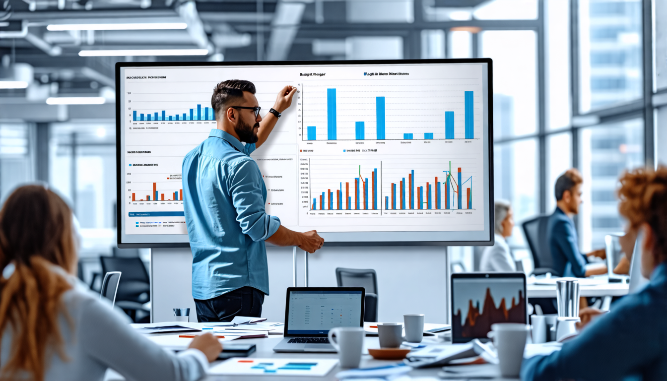 Create an image of a project manager in a modern office setting, reviewing charts and graphs on a large screen, with a clear focus on budgeting and financi