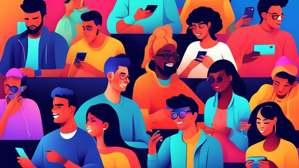 Create an image of a diverse group of young people using various social media platforms on their devices, surrounded by vibrant, eye-catching viral content