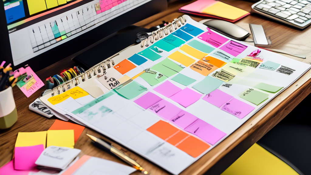 A colorful and organized desk with a computer screen displaying a content calendar. The calendar is filled with various events, tasks, and deadlines, all i