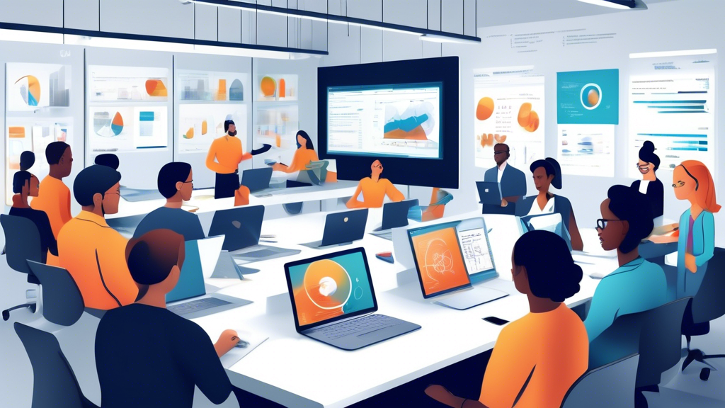Create an image showcasing a group of diverse employees engaged in a professional training session. They are using a variety of modern digital tools and so