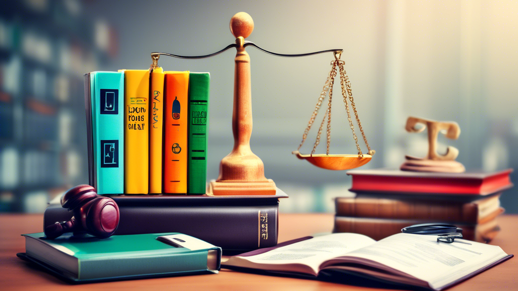 A professional-looking office with legal books, a smartphone displaying an SMS marketing message, and a scales of justice symbol, illustrating the balance