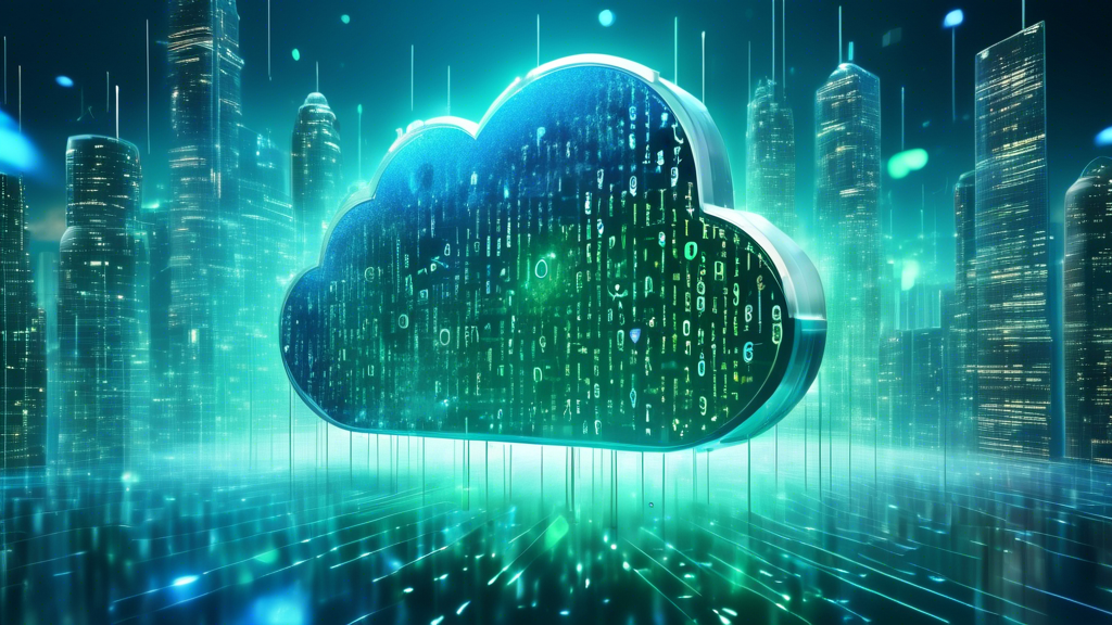 A futuristic digital cloud with vibrant security padlocks and shields floating around it. The background shows a dynamic matrix of code and data streams in