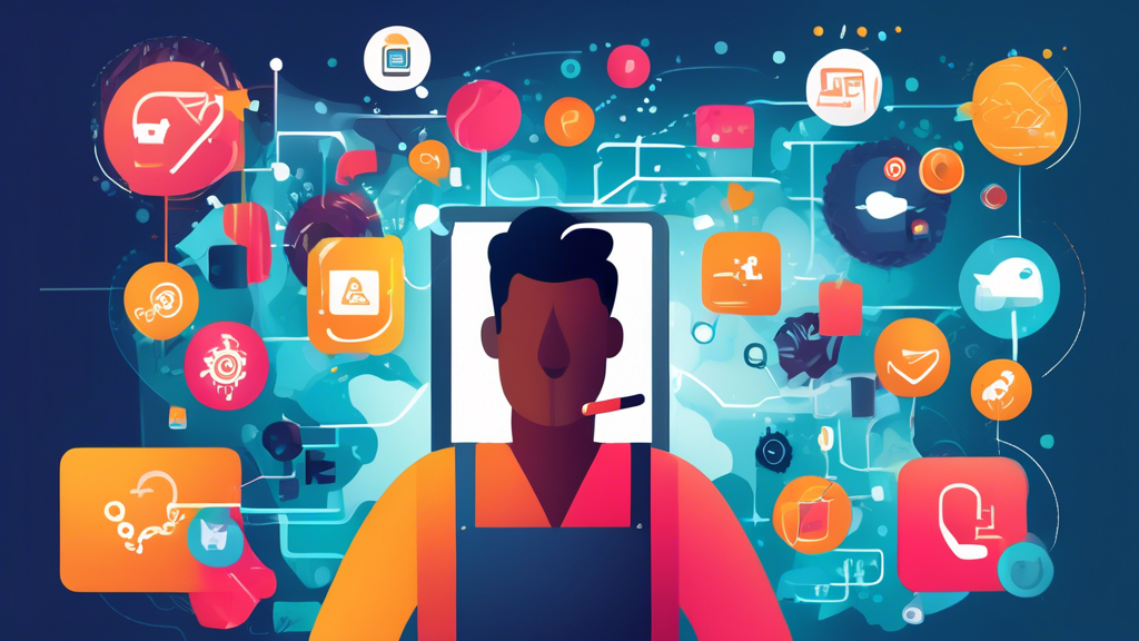 Create an illustration of a customer service representative holding a tablet, with various icons representing different services and products floating arou