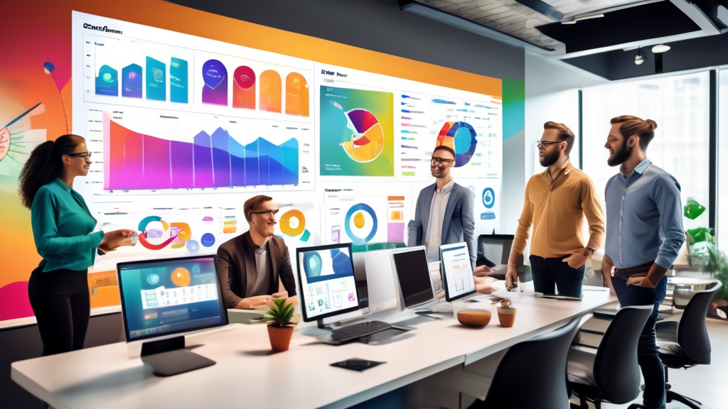 A vibrant, modern office environment with a diverse team collaborating around a large digital touchscreen displaying key CRM features like contact manageme