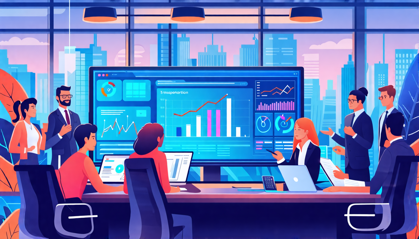 A modern office setting with a diverse group of professionals collaborating around a large screen displaying digital transformation strategies. The screen