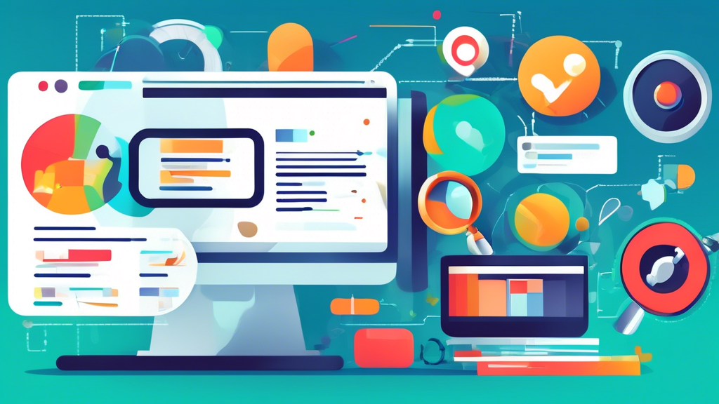 Create an image of a computer screen displaying a vibrant, user-friendly website with key elements highlighted for on-page SEO optimization such as meta ta
