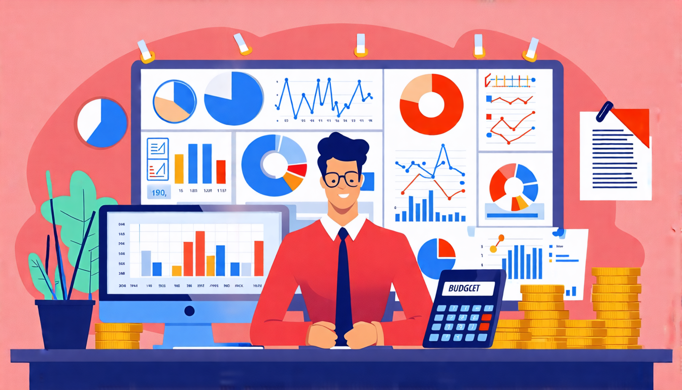 A business owner sitting at a desk, surrounded by charts and graphs displaying online reputation metrics. The scene includes a computer screen showing soci