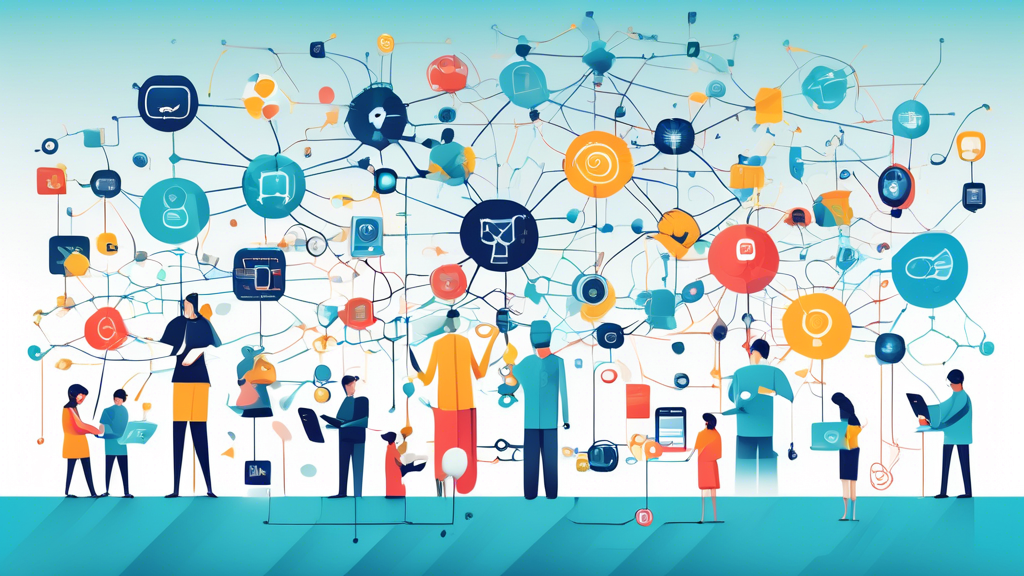 Create an image depicting interconnected digital tools forming a cohesive, customer-centric network. Illustrate a central hub where various icons represent
