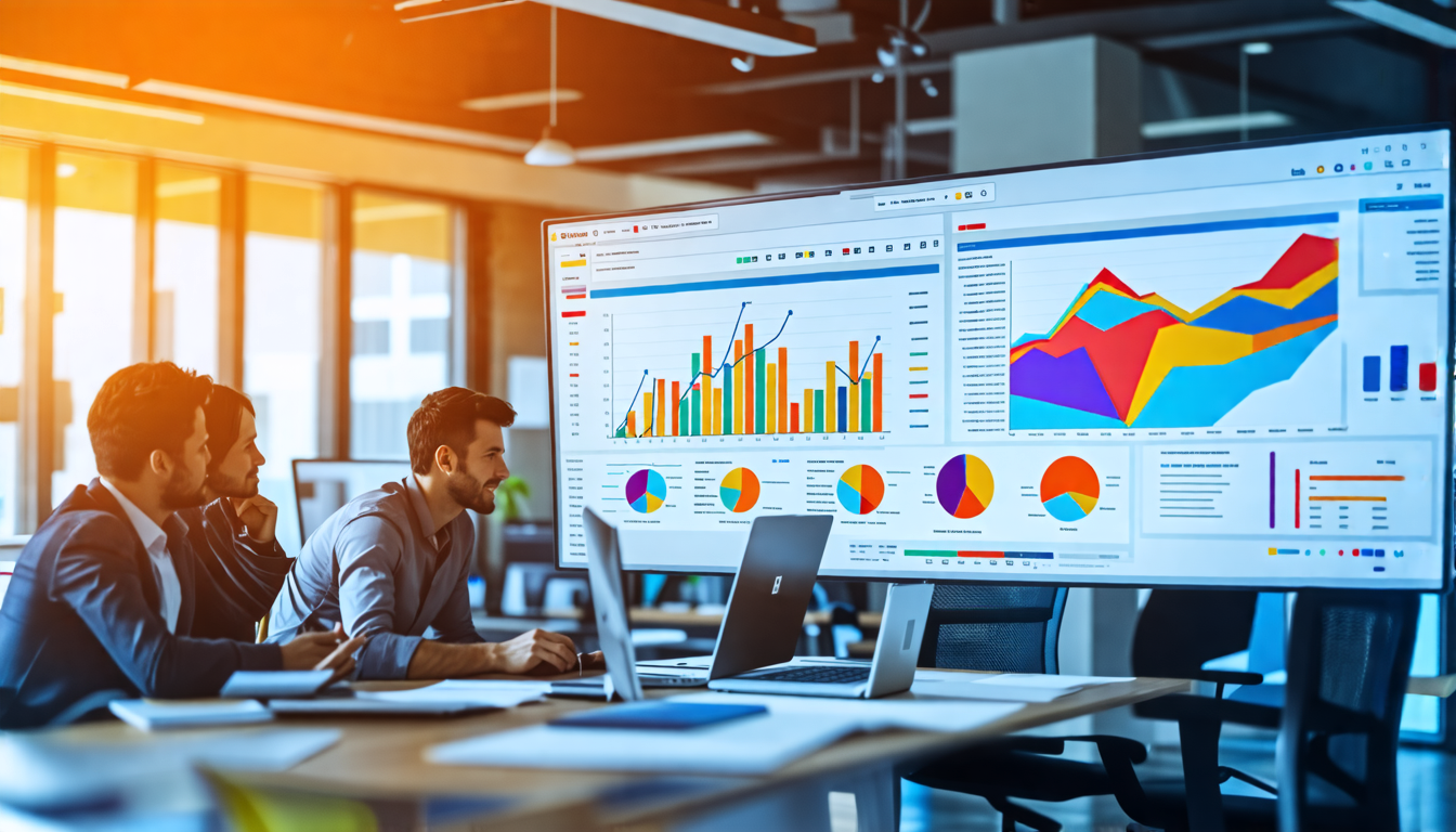 A dynamic office environment showcasing a team of professionals collaborating on a project management dashboard, complete with colorful charts, timelines,