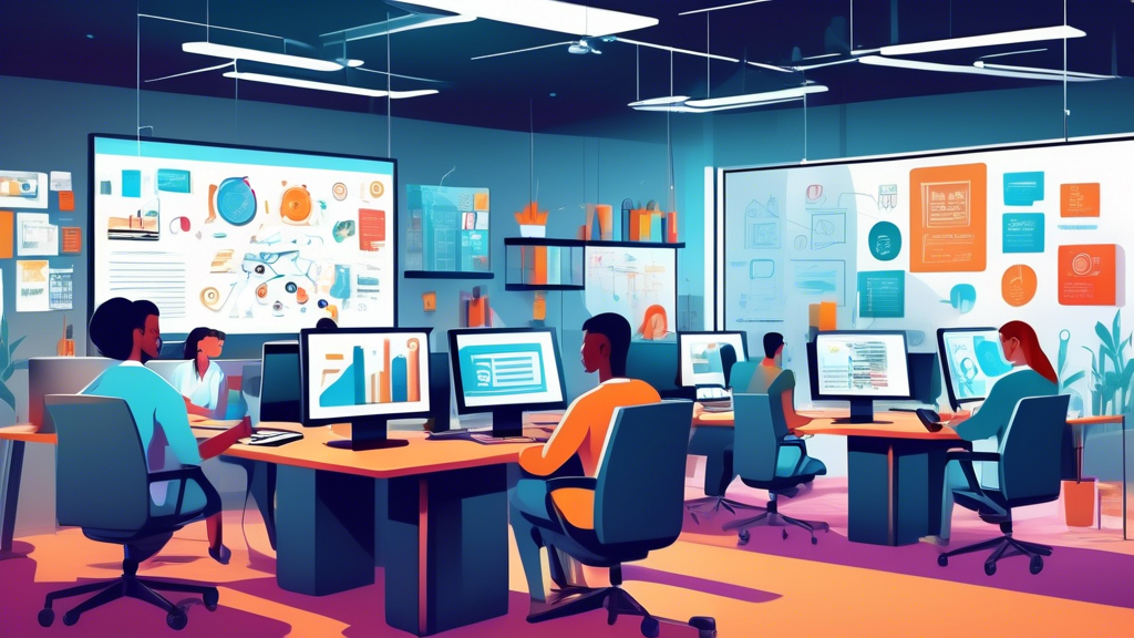 Create an image depicting a modern corporate office with a mix of physical and digital elements. Show employees working on computers, a compliance officer