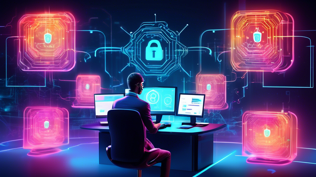 A futuristic office environment with a digital lock symbol hologram floating above a computer keyboard, glowing firewall graphics surrounding a network, an