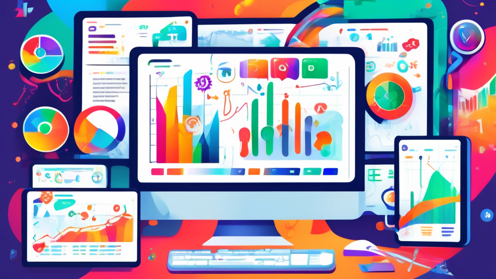 Create an image of a vibrant digital advertising dashboard on a computer monitor, showcasing various metrics and graphs related to a successful pay-per-cli