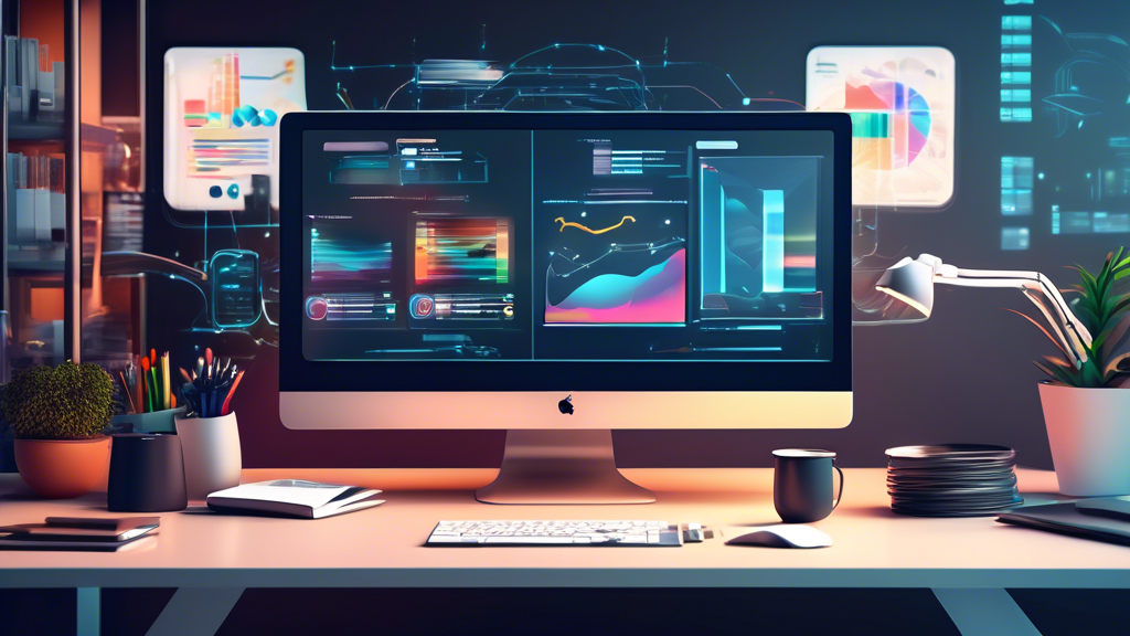 Create an image of a modern office setting with high-tech gadgets and a user-friendly workflow automation dashboard on a sleek computer screen. The atmosph