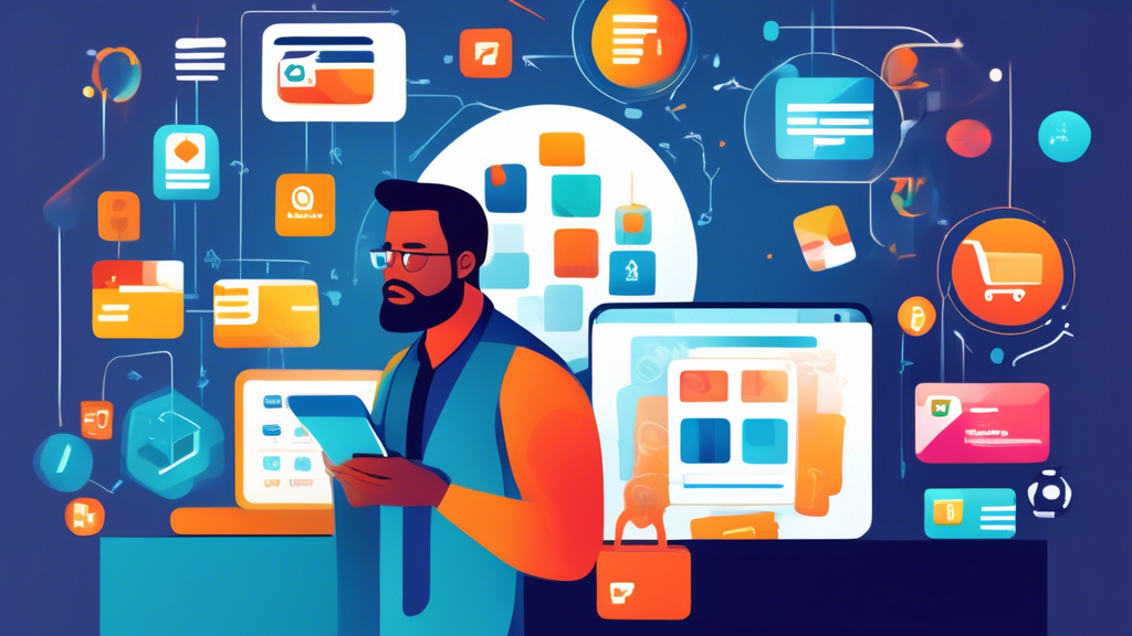 An illustration of a business owner standing in front of a variety of payment gateway icons (like credit cards, mobile payments, and digital wallets), look