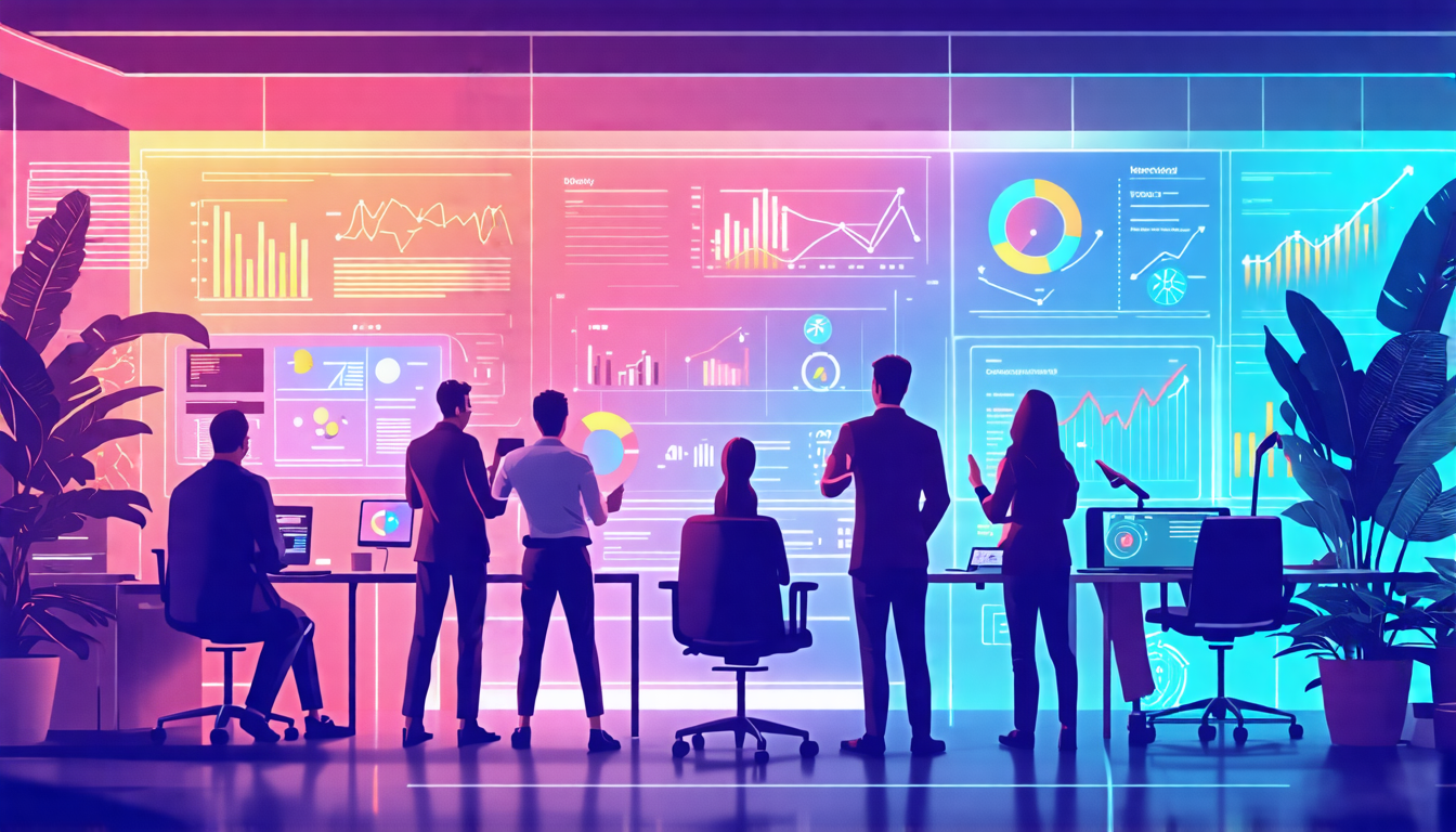 A futuristic office space with holographic screens and smart devices, showcasing diverse professionals in a collaborative environment, leveraging digital t