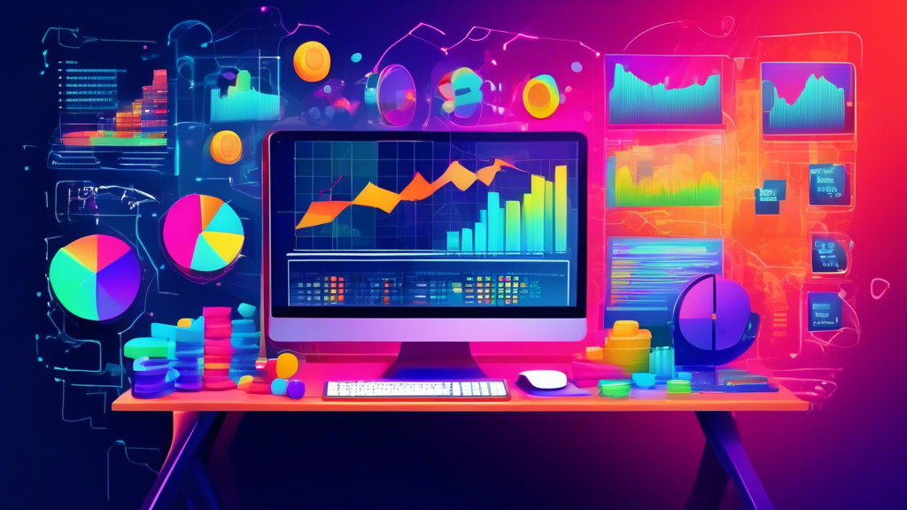 Create an image of a business office with a computer screen displaying financial software. Include price tags and cost-related elements such as charts, gra