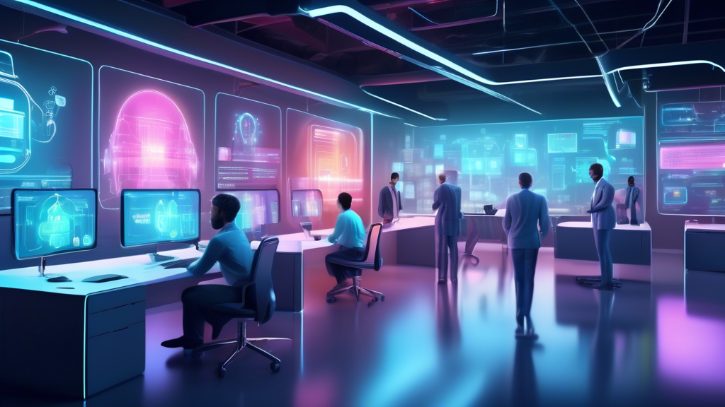 A futuristic office environment with holographic screens and AI robots assisting employees, showcasing the seamless integration of automation in customer s