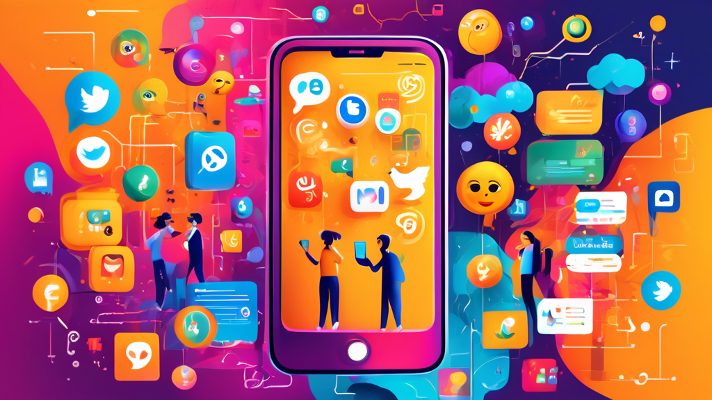 A vibrant and dynamic illustration of a smartphone screen filled with diverse social media posts, all brimming with eye-catching graphics, engaging videos,