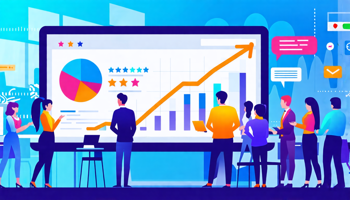 A modern office setting with a diverse group of professionals analyzing positive online reviews and social media interactions on large digital screens, dem