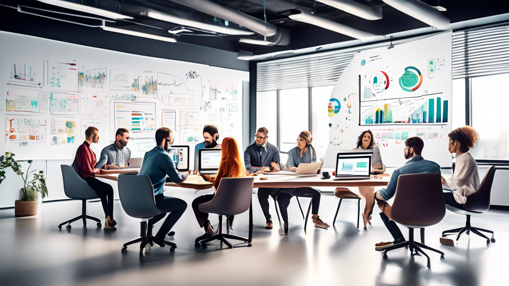 Create an image featuring a modern, sleek office setting with a diverse team of content marketers collaborating around a table. On the table, there should