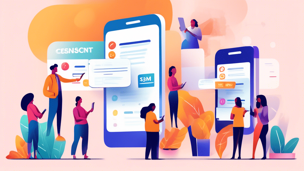 A detailed illustration of a diverse group of people subscribing to SMS updates on their smartphones while checking boxes to confirm their consent, with a