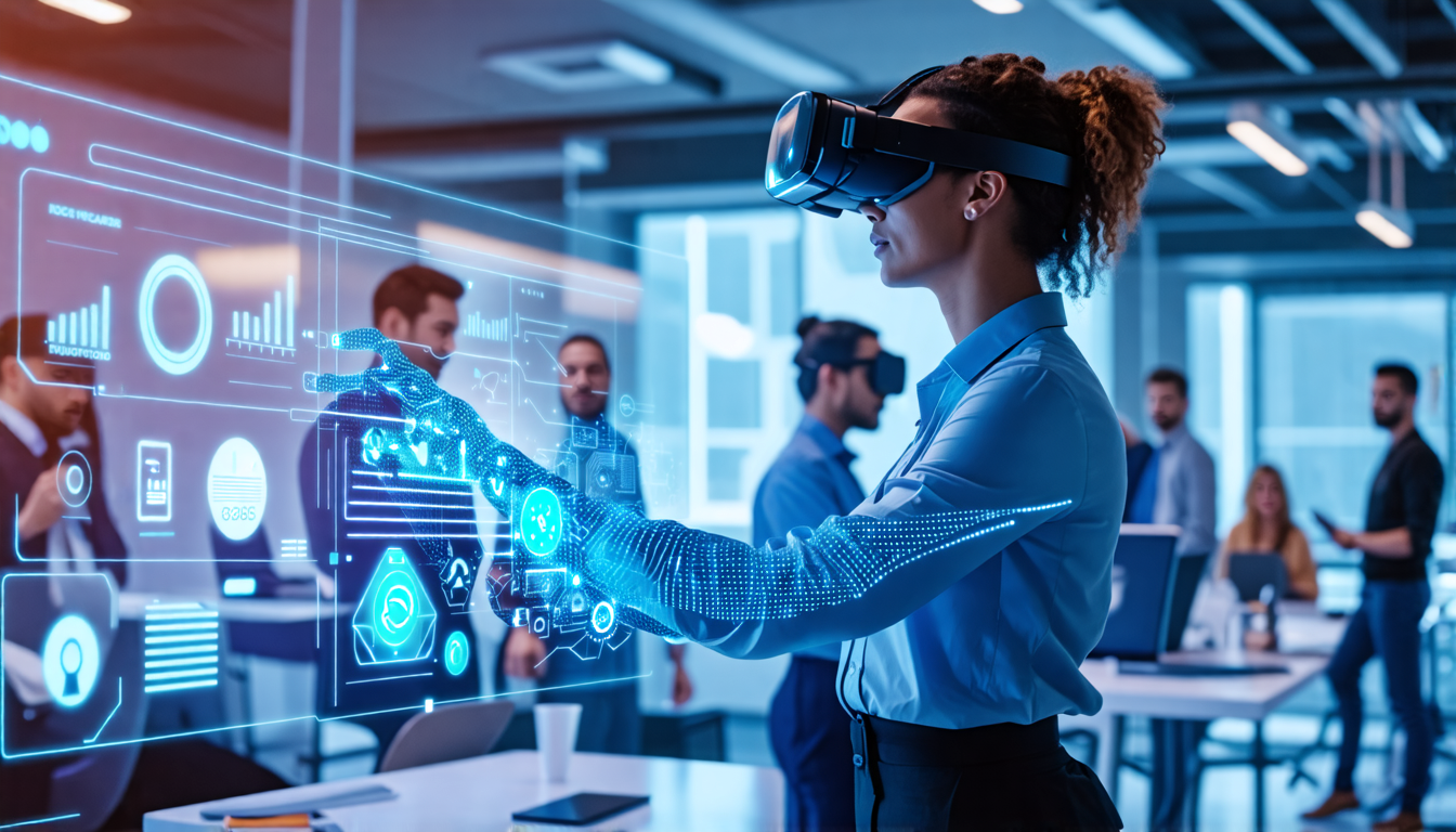 A futuristic office scene where a diverse team of professionals collaborates using advanced project management software on holographic screens. The environ